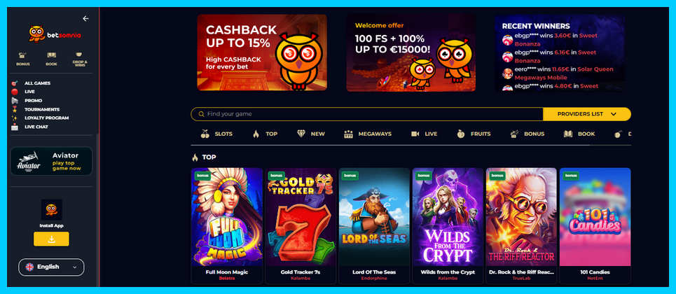 Betsomnia.com casino homepage